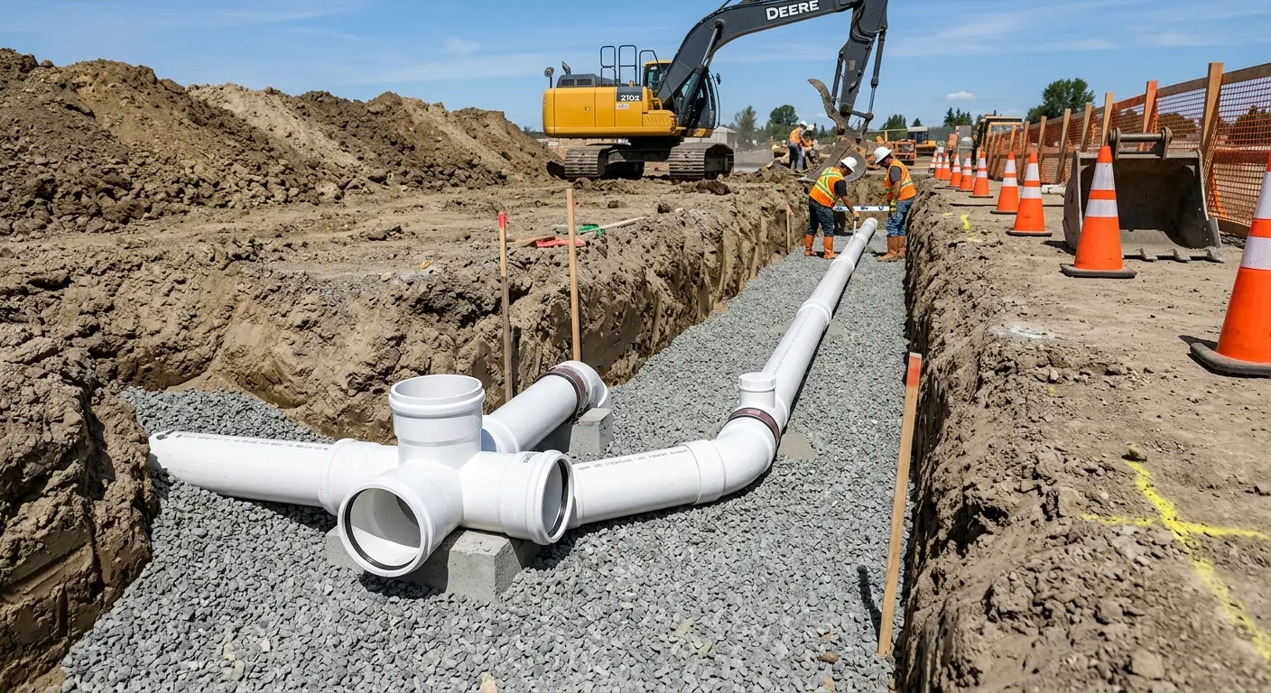 New PVC sewer pipe installation in open trench for Sewer Backup in Wailuku