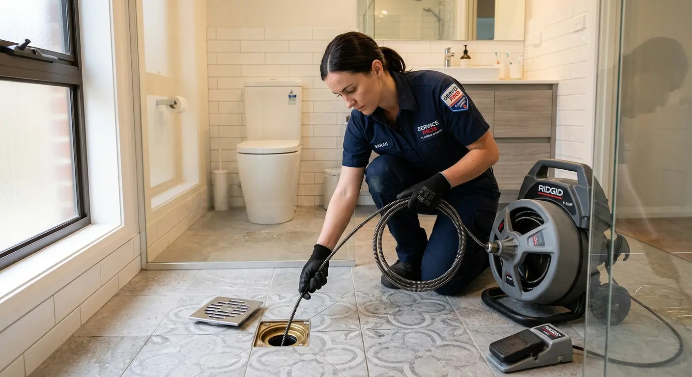 Technician clearing a bathroom floor drain for Drain Repair in Wailuku